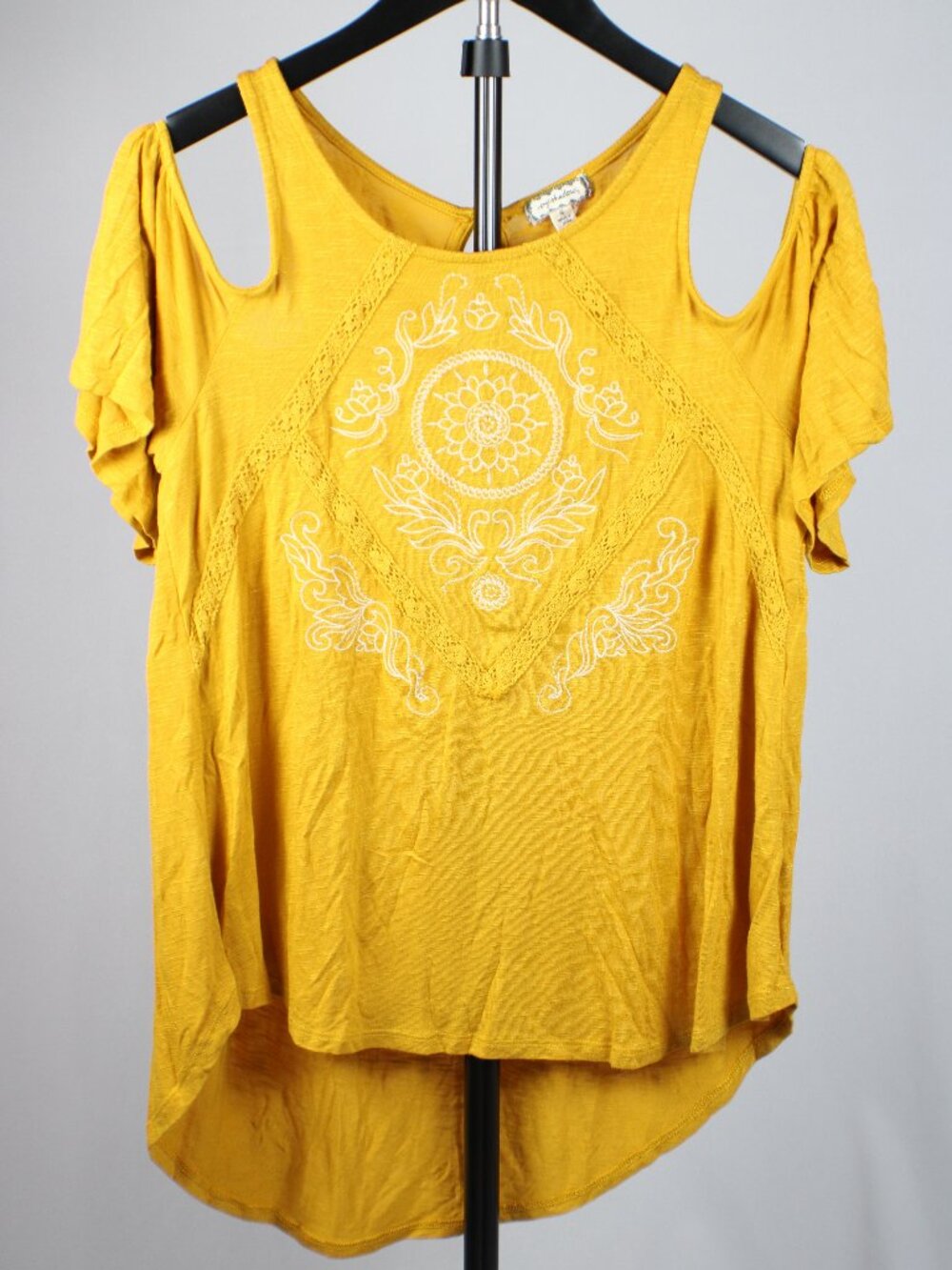 Eyeshadow Mustard Yellow Embroidered Cold Shoulder Boho Blouse - Small